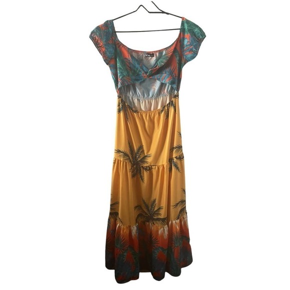 Ladies Tropical Print Hollow-out Design Off Shoulder V Neck Boho Maxi Dress - Picture 4 of 13